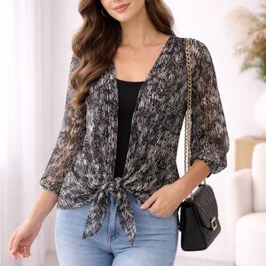 Metro 22 XL Sheer Tie Front Blouse | Elegant Black & White Lightweight Top